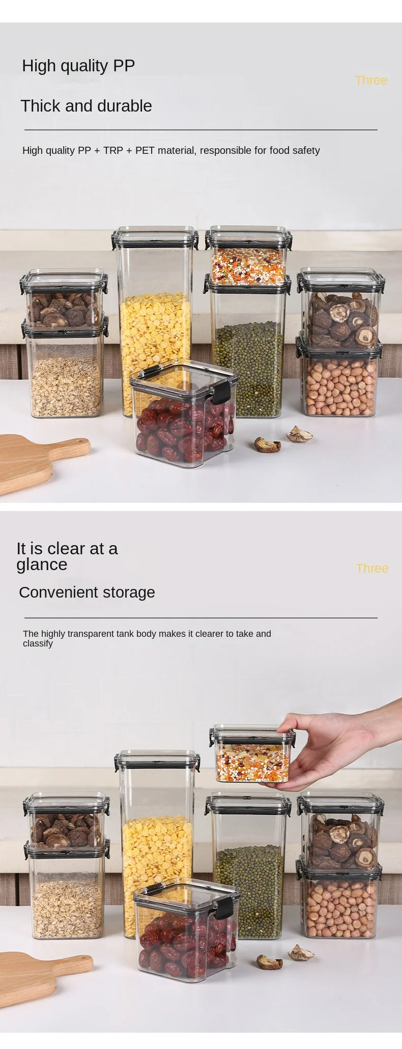 Frasco de armazenamento de alimentos selado transparente Organizador de cozinha de plástico Tanque Multigrain Frascos selados secos empilháveis Conjunto de 5pcs