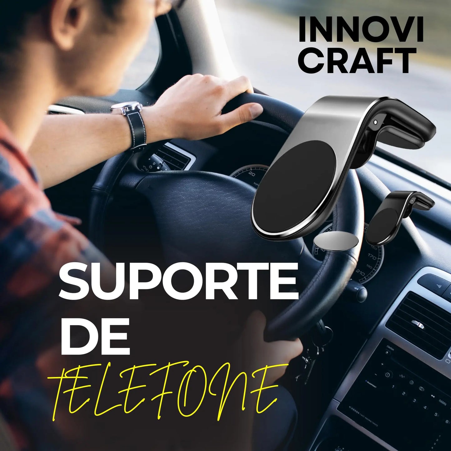 Suporte Magnético para Celular no Carro com Rotação 360°, Base Antiderrapante e Ímã Forte para Todos os Smartphones