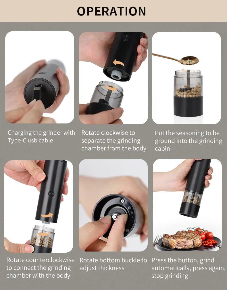 Moedor elétrico recarregável usb de sal e pimenta, aspereza ajustável, grande capacidade, moedores de especiarias automáticos, ferramenta de cozinha