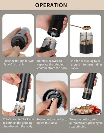 Moedor elétrico recarregável usb de sal e pimenta, aspereza ajustável, grande capacidade, moedores de especiarias automáticos, ferramenta de cozinha