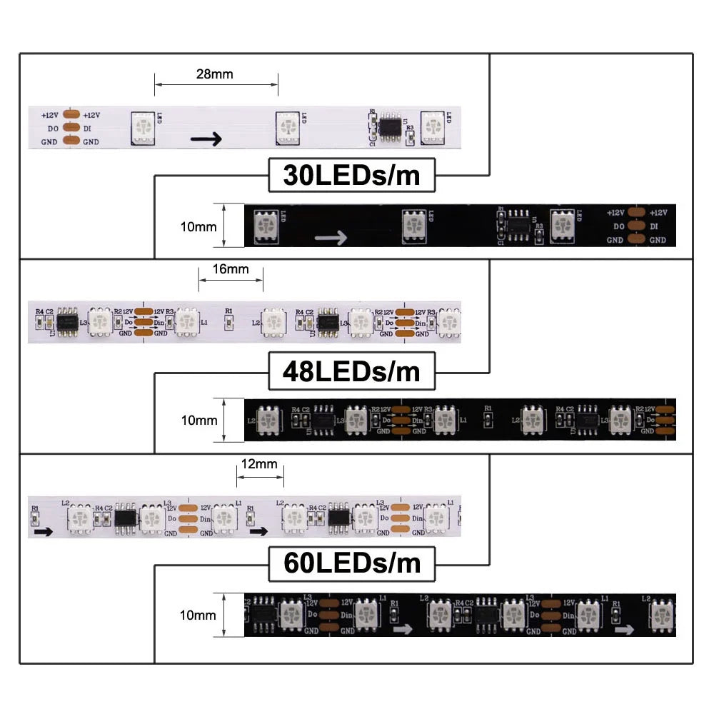 Ws2811 ws2812b ws2813 ws2815 30/60/144 pixels/leds/m 5050 rgbic tira led inteligente ws2812 luz ic endereçável individualmente dc5v/12v