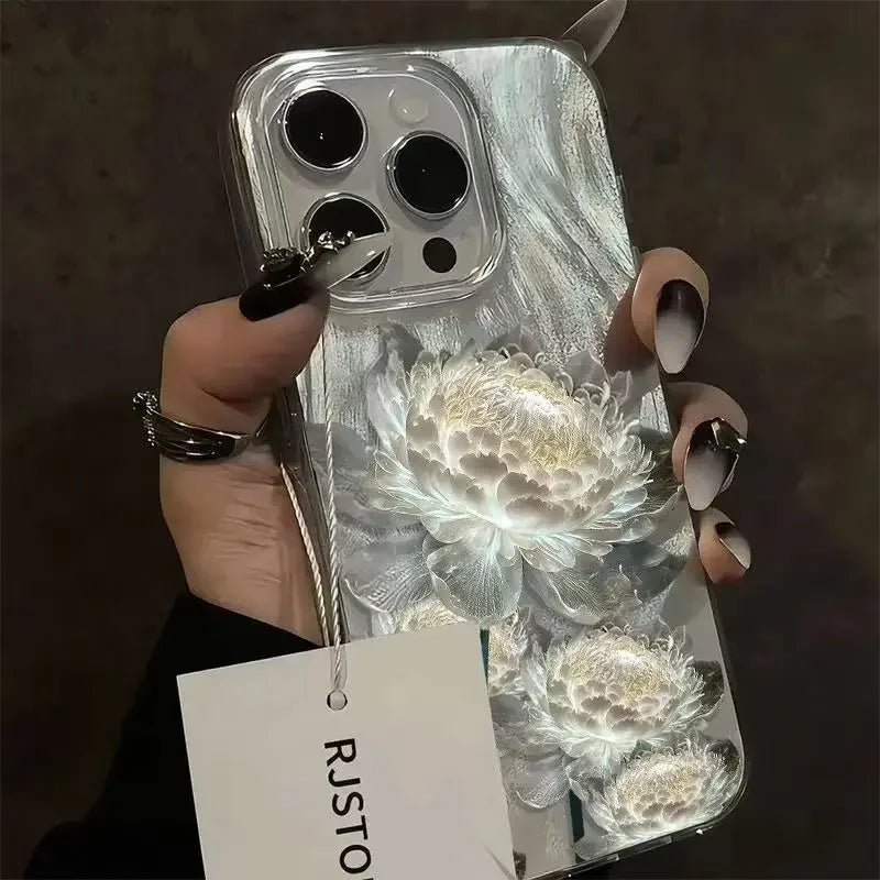 Cinco lótus dourado padrão caso de telefone para iphone 11 13 14 15 16 pro max 7 8 14 15 plus xs max xr 16e pena textura capa dura