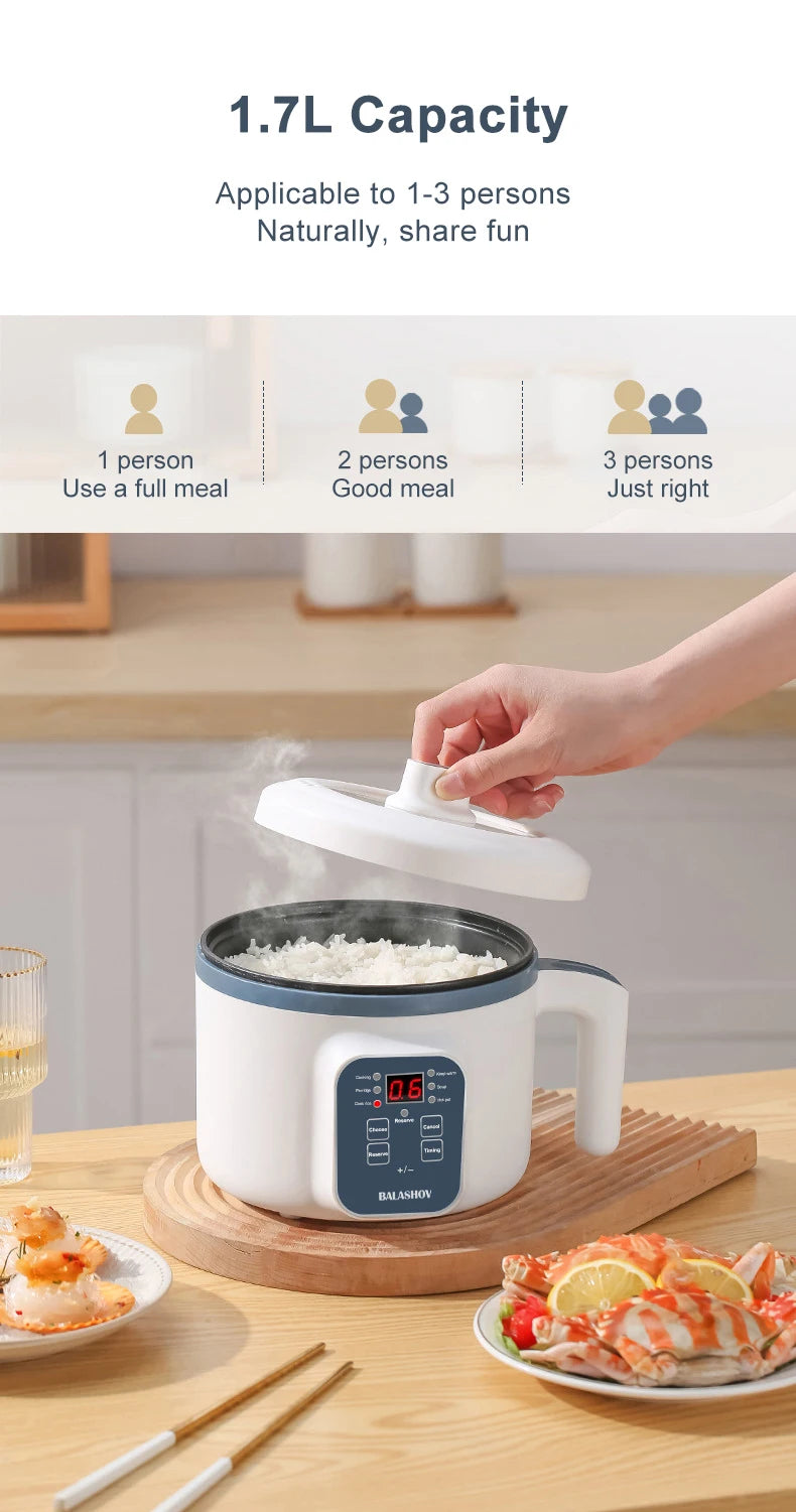 Panela elétrica de arroz 1,7l, camada dupla única, 220v, multifogão, antiaderente, mecânica inteligente, multicooker, panela de arroz no vapor para casa