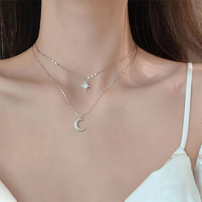 925 colar de prata para mulheres dupla camada zircão estrela lua pingente colar delicado corrente charme elegante moda jóias presentes