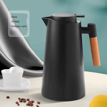 Garrafa Térmica Nórdica de 1L com Cabo de Madeira e Revestimento de Vidro, Jarra para Água Quente de Grande Capacidade, Garrafa de Café Doméstica de Parede Dupla