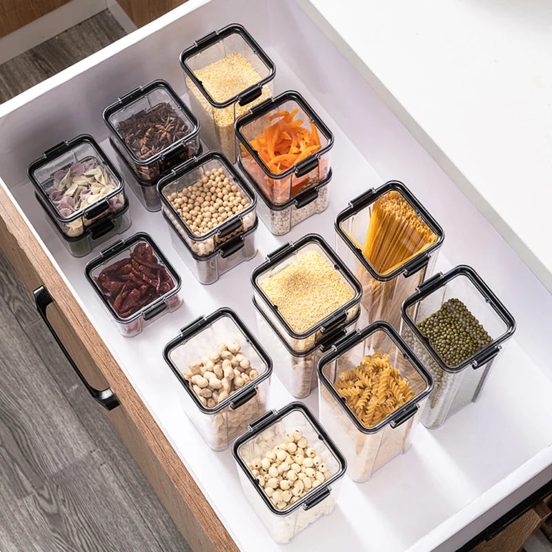 Frasco de armazenamento de alimentos selado transparente Organizador de cozinha de plástico Tanque Multigrain Frascos selados secos empilháveis Conjunto de 5pcs