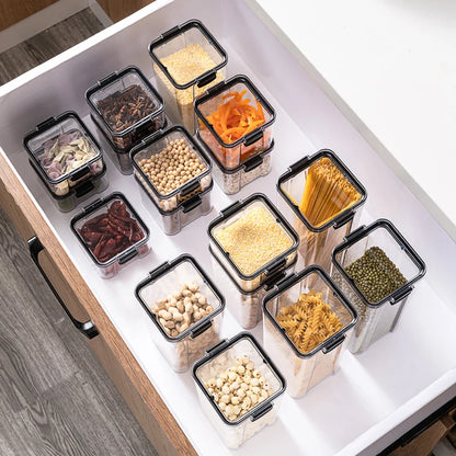 Frasco de armazenamento de alimentos selado transparente Organizador de cozinha de plástico Tanque Multigrain Frascos selados secos empilháveis Conjunto de 5pcs