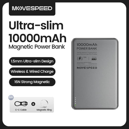 Movespeed s10 banco de potência magnético fino 10000mah pd20w carregador portátil bateria externa sem fio para iphone 16 samsung powerbank