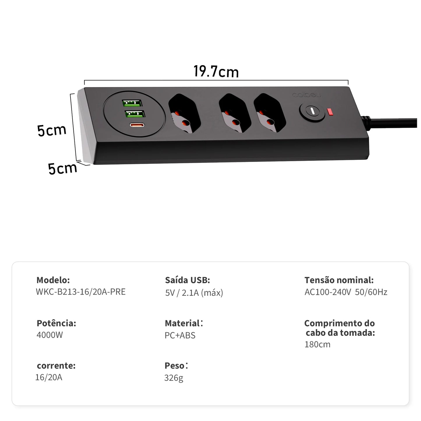 Tomada Múltipla Padrão Brasileiro 3 Tomadas + 2USB + Type-C， Extensão Elétrica， Filtro de Linha， Extensão Tomada， Coibeu