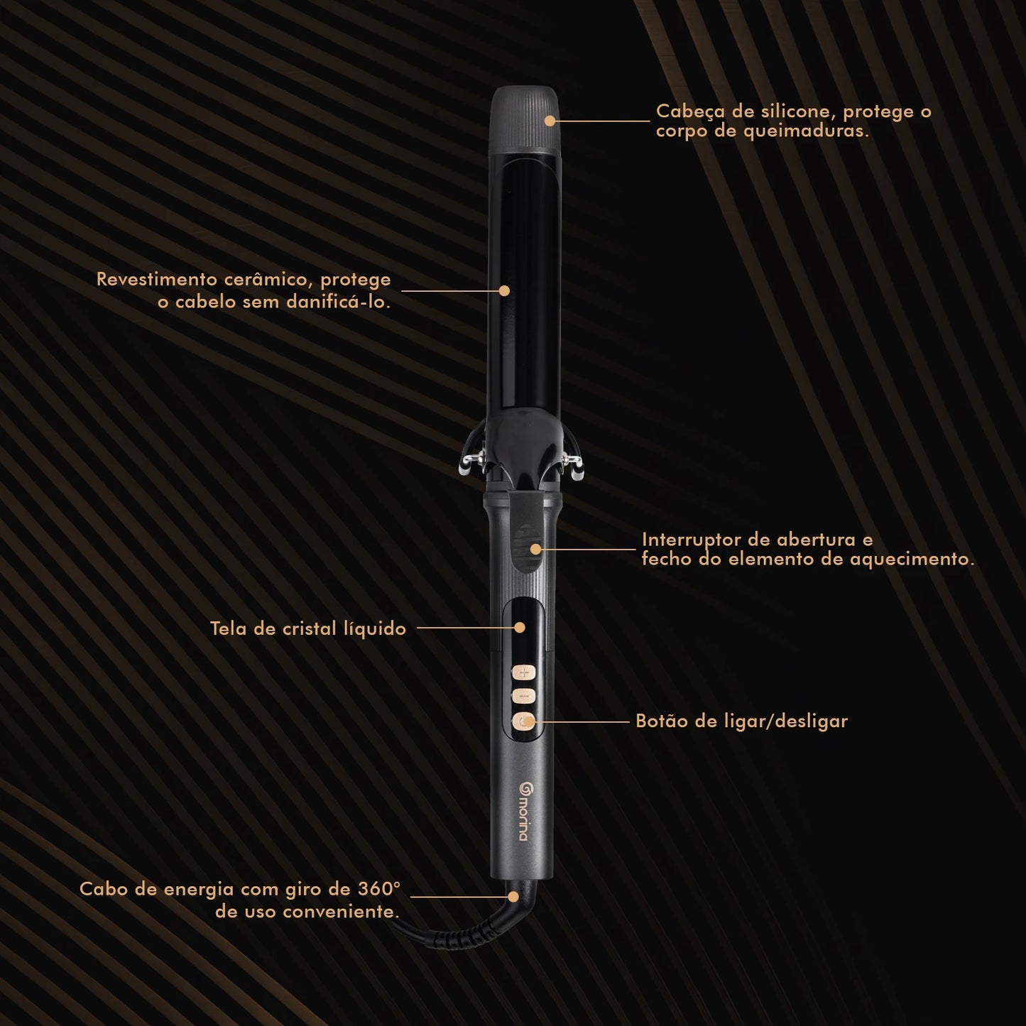 Modelador de Cabelo 32mm com Display LCD, Preto e Dourado, 5 Temperaturas (140°C-220°C), Revestimento Cerâmico, Bivolt 110-220V