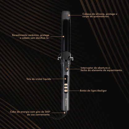 Modelador de Cabelo 32mm com Display LCD, Preto e Dourado, 5 Temperaturas (140°C-220°C), Revestimento Cerâmico, Bivolt 110-220V