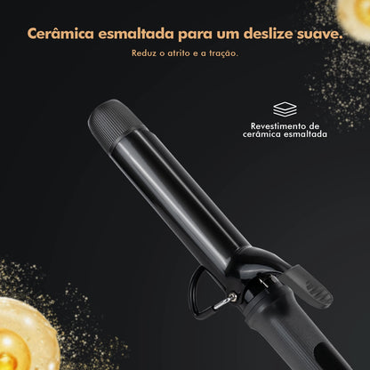 Modelador de Cabelo 32mm com Display LCD, Preto e Dourado, 5 Temperaturas (140°C-220°C), Revestimento Cerâmico, Bivolt 110-220V