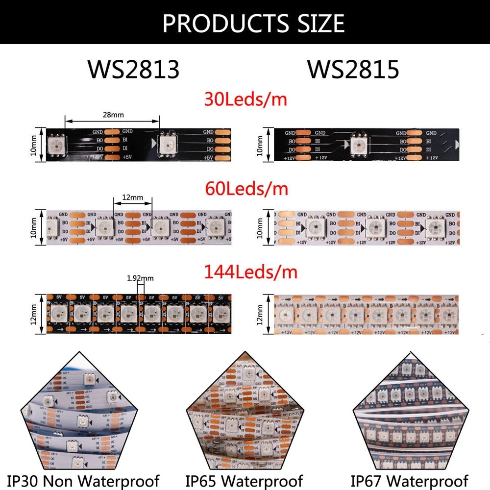 Ws2811 ws2812b ws2813 ws2815 30/60/144 pixels/leds/m 5050 rgbic tira led inteligente ws2812 luz ic endereçável individualmente dc5v/12v