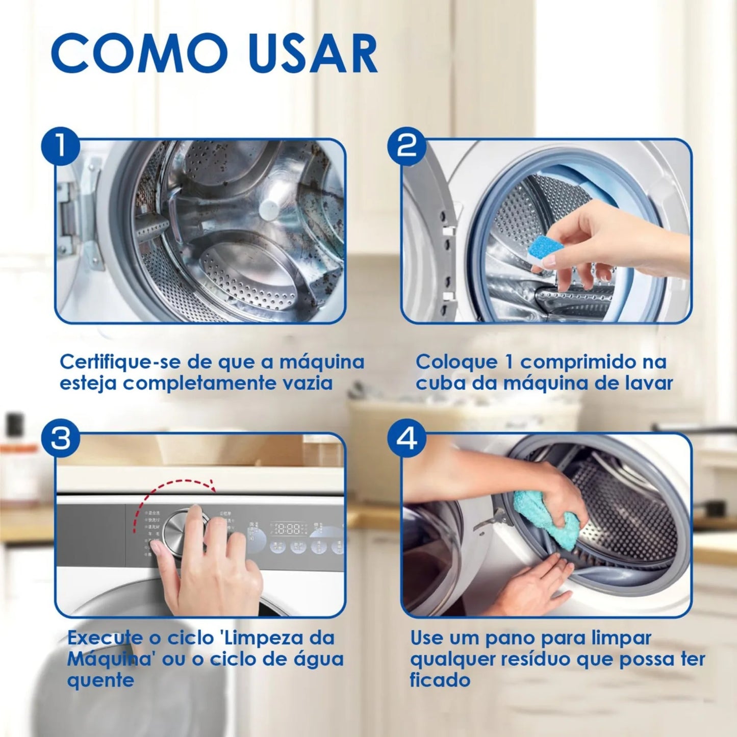Pastilhas Efervescentes para Limpeza de Máquinas de Lavar Roupa