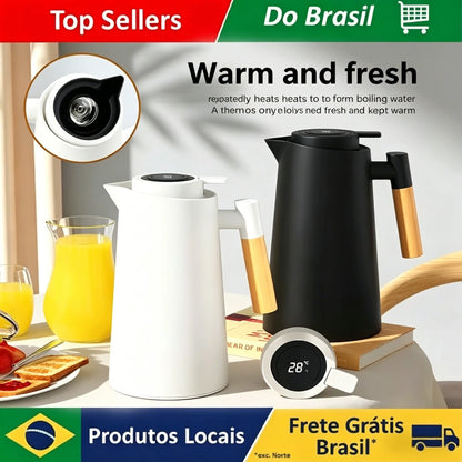 Garrafa Térmica Nórdica de 1L com Cabo de Madeira e Revestimento de Vidro, Jarra para Água Quente de Grande Capacidade, Garrafa de Café Doméstica de Parede Dupla