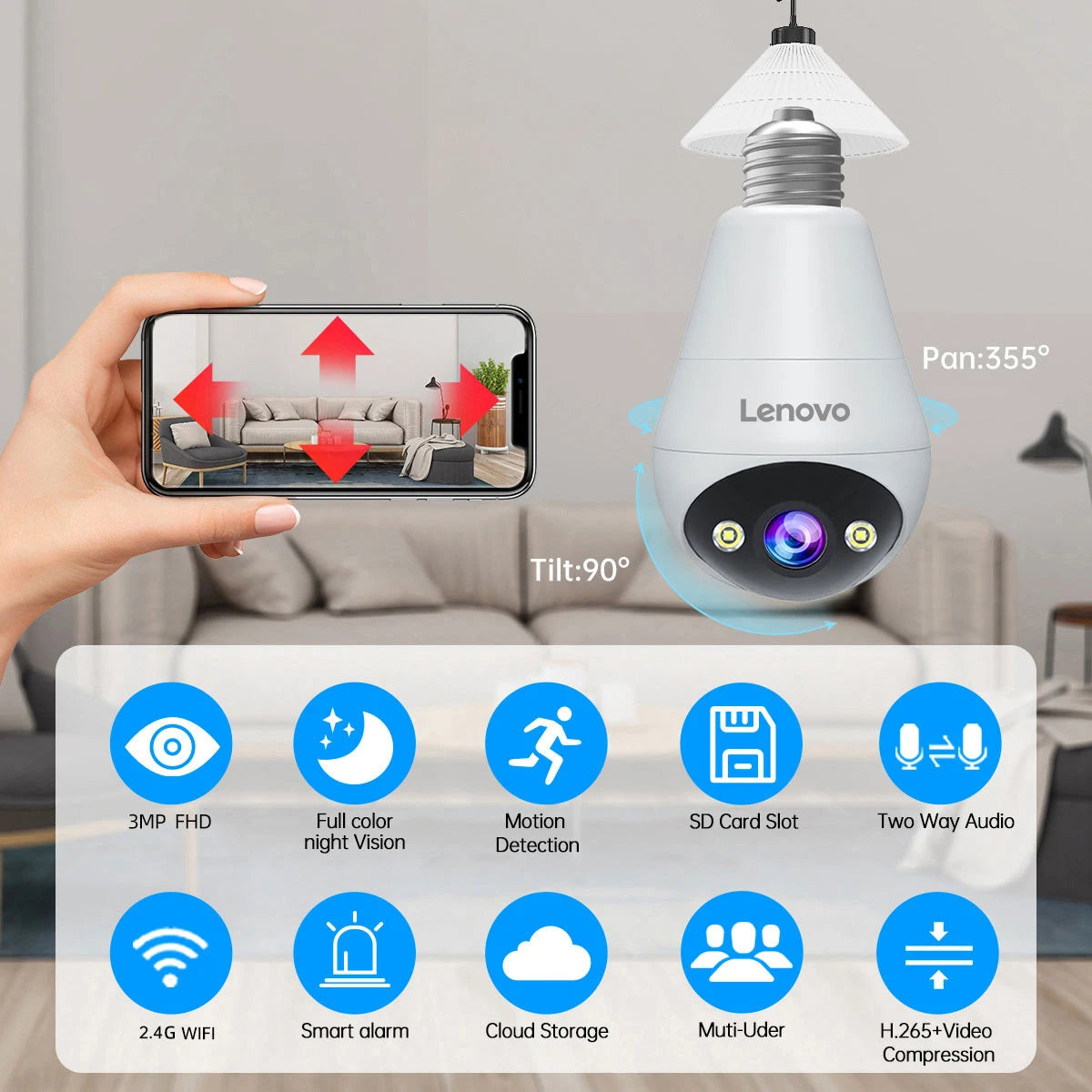 Lenovo 3mp e27 lâmpada ip wifi câmera de vigilância de vídeo interna cor noite ai rastreamento casa inteligente monitor do bebê câmera cctv