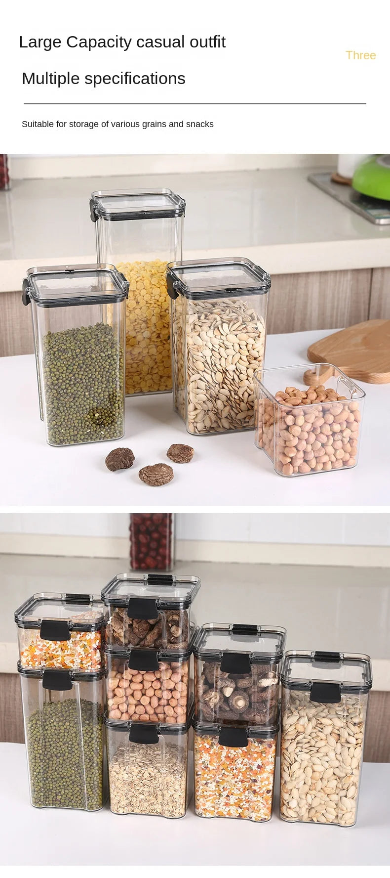 Frasco de armazenamento de alimentos selado transparente Organizador de cozinha de plástico Tanque Multigrain Frascos selados secos empilháveis Conjunto de 5pcs