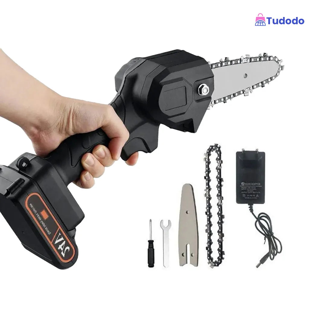 Mini Motosserra Elétrica de 4 Polegadas Recarregável Bivolt para Poda e Jardinagem com Bateria
