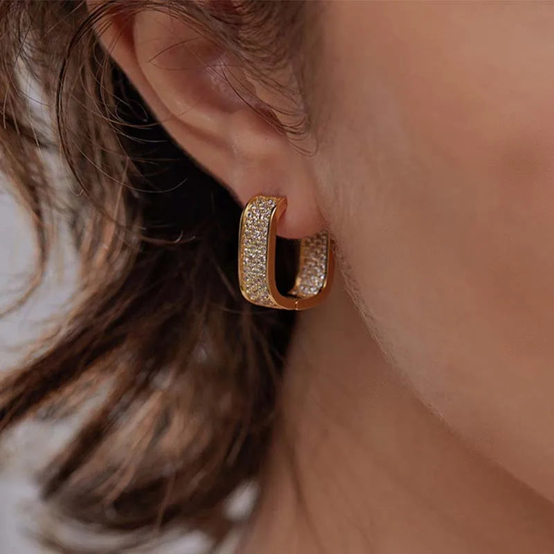 Brincos de argola quadrados de aço inoxidável, cor dourada e prateada para mulheres, luxo brilhante, zircônia cz, brincos geométricos, joias de casamento