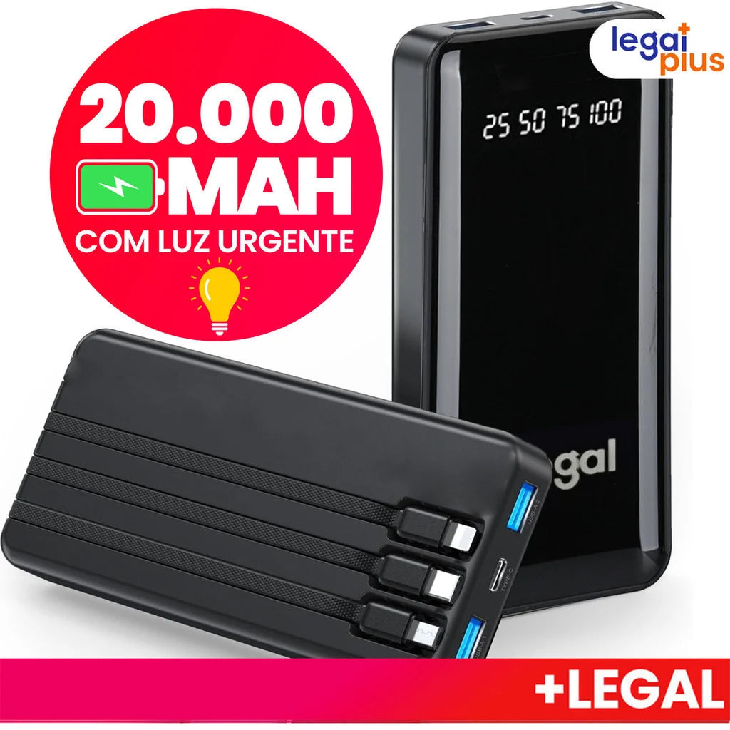 Power Bank 20000mAh com Lanterna LED de Alta Capacidade Recarregável Portátil Ideal para Camping, Emergências e Celular