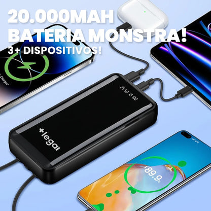 Power Bank 20000mAh com Lanterna LED de Alta Capacidade Recarregável Portátil Ideal para Camping, Emergências e Celular