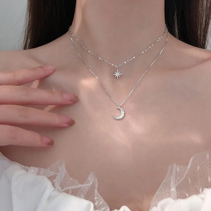 925 colar de prata para mulheres dupla camada zircão estrela lua pingente colar delicado corrente charme elegante moda jóias presentes