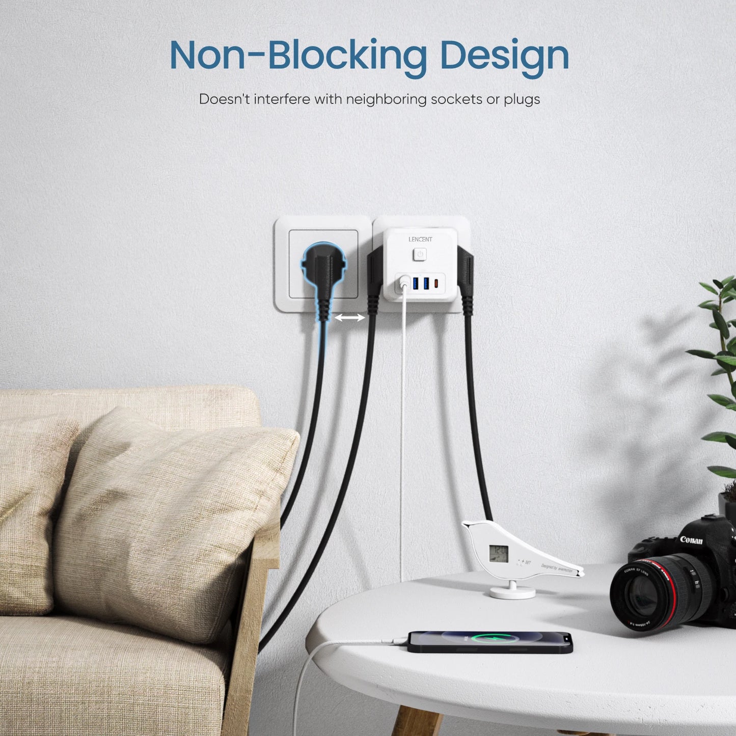 LENCENT Extensor de Tomada de Parede com 3 Tomadas AC 3 Portas USB E 1 Tipo C 7-em 1 EU Plug Charger On/Off Switch para Casa