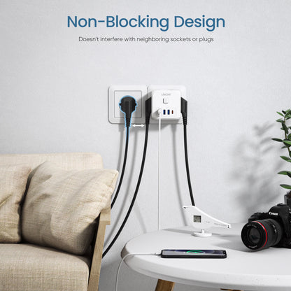 LENCENT Extensor de Tomada de Parede com 3 Tomadas AC 3 Portas USB E 1 Tipo C 7-em 1 EU Plug Charger On/Off Switch para Casa