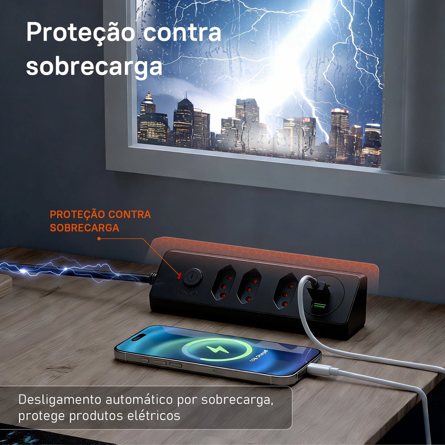 Tomada Múltipla Padrão Brasileiro 3 Tomadas + 2USB + Type-C， Extensão Elétrica， Filtro de Linha， Extensão Tomada， Coibeu