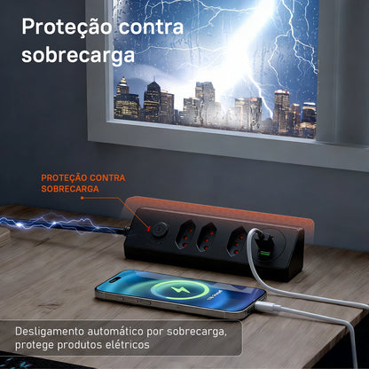 Tomada Múltipla Padrão Brasileiro 3 Tomadas + 2USB + Type-C， Extensão Elétrica， Filtro de Linha， Extensão Tomada， Coibeu
