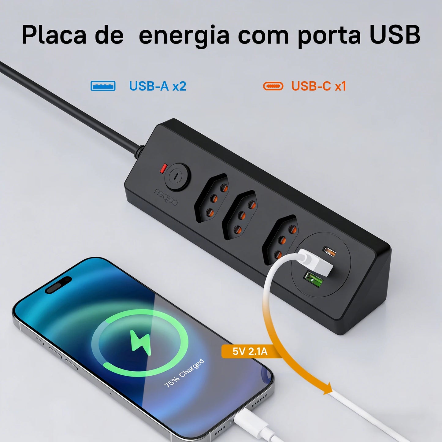 Tomada Múltipla Padrão Brasileiro 3 Tomadas + 2USB + Type-C， Extensão Elétrica， Filtro de Linha， Extensão Tomada， Coibeu