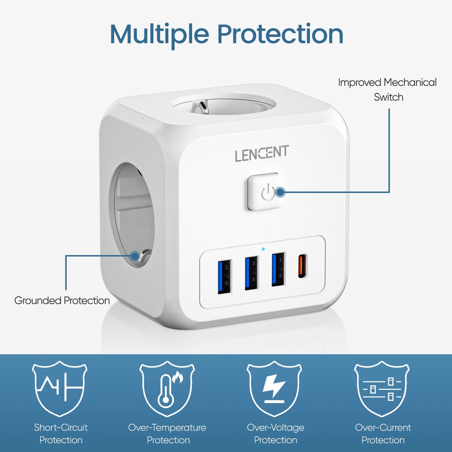 LENCENT Extensor de Tomada de Parede com 3 Tomadas AC 3 Portas USB E 1 Tipo C 7-em 1 EU Plug Charger On/Off Switch para Casa