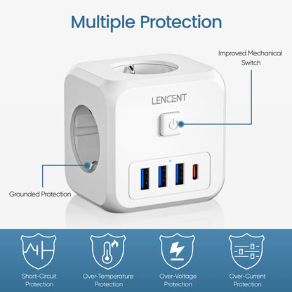 LENCENT Extensor de Tomada de Parede com 3 Tomadas AC 3 Portas USB E 1 Tipo C 7-em 1 EU Plug Charger On/Off Switch para Casa