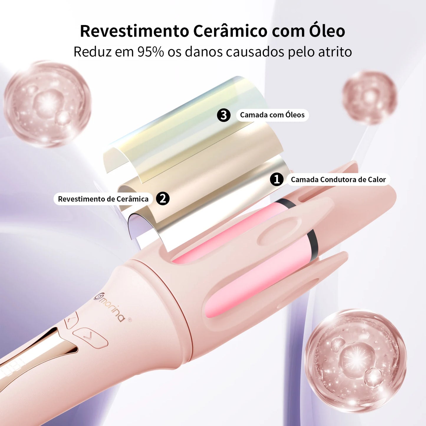 Modelador de Cabelo Automático Rosa 3 Temperaturas (160°C-200°C), Revestimento Cerâmico, Aquecimento Rápido, Cachos em Minutos