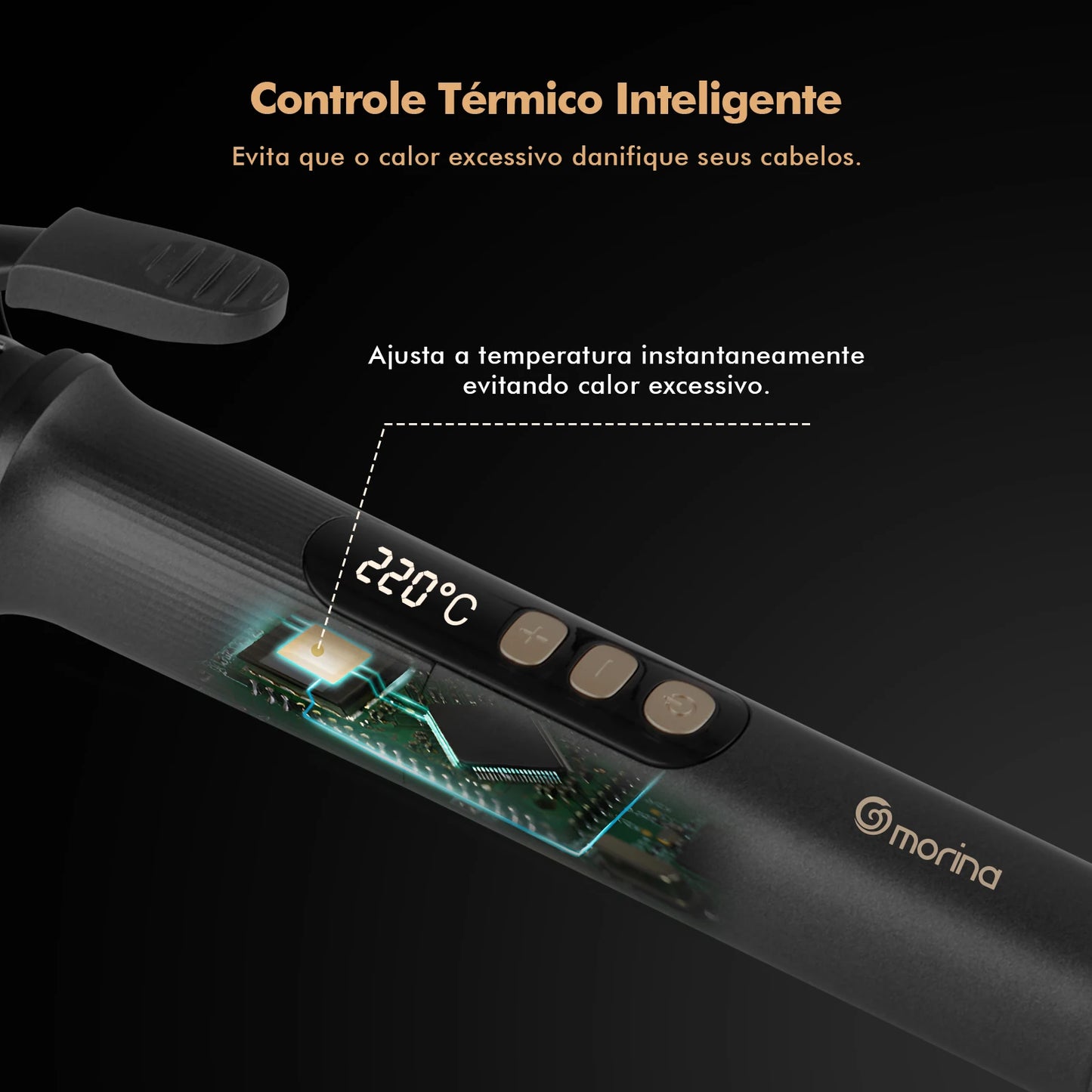 Modelador de Cabelo 32mm com Display LCD, Preto e Dourado, 5 Temperaturas (140°C-220°C), Revestimento Cerâmico, Bivolt 110-220V
