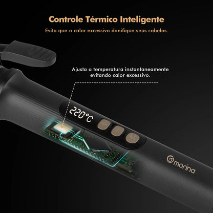 Modelador de Cabelo 32mm com Display LCD, Preto e Dourado, 5 Temperaturas (140°C-220°C), Revestimento Cerâmico, Bivolt 110-220V