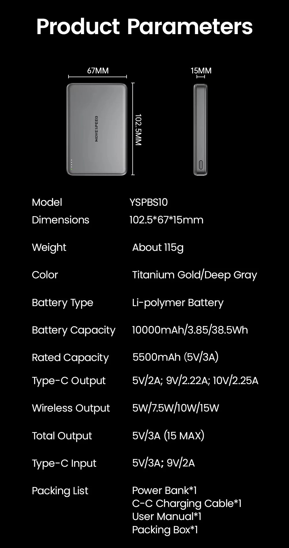 Movespeed s10 banco de potência magnético fino 10000mah pd20w carregador portátil bateria externa sem fio para iphone 16 samsung powerbank