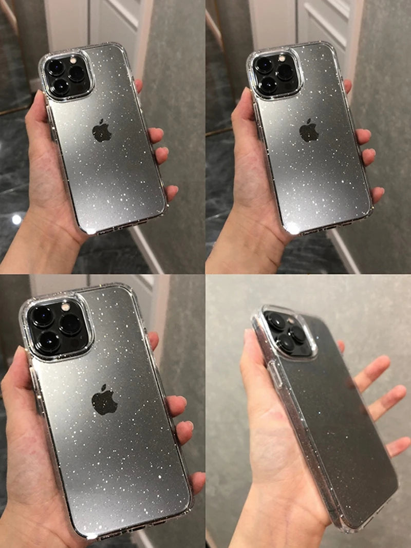 Luxo bling glitter claro caso de telefone para iphone 11 12 13 14 15 16 17 pro xr xs max mini plus à prova de choque macio transparente capa
