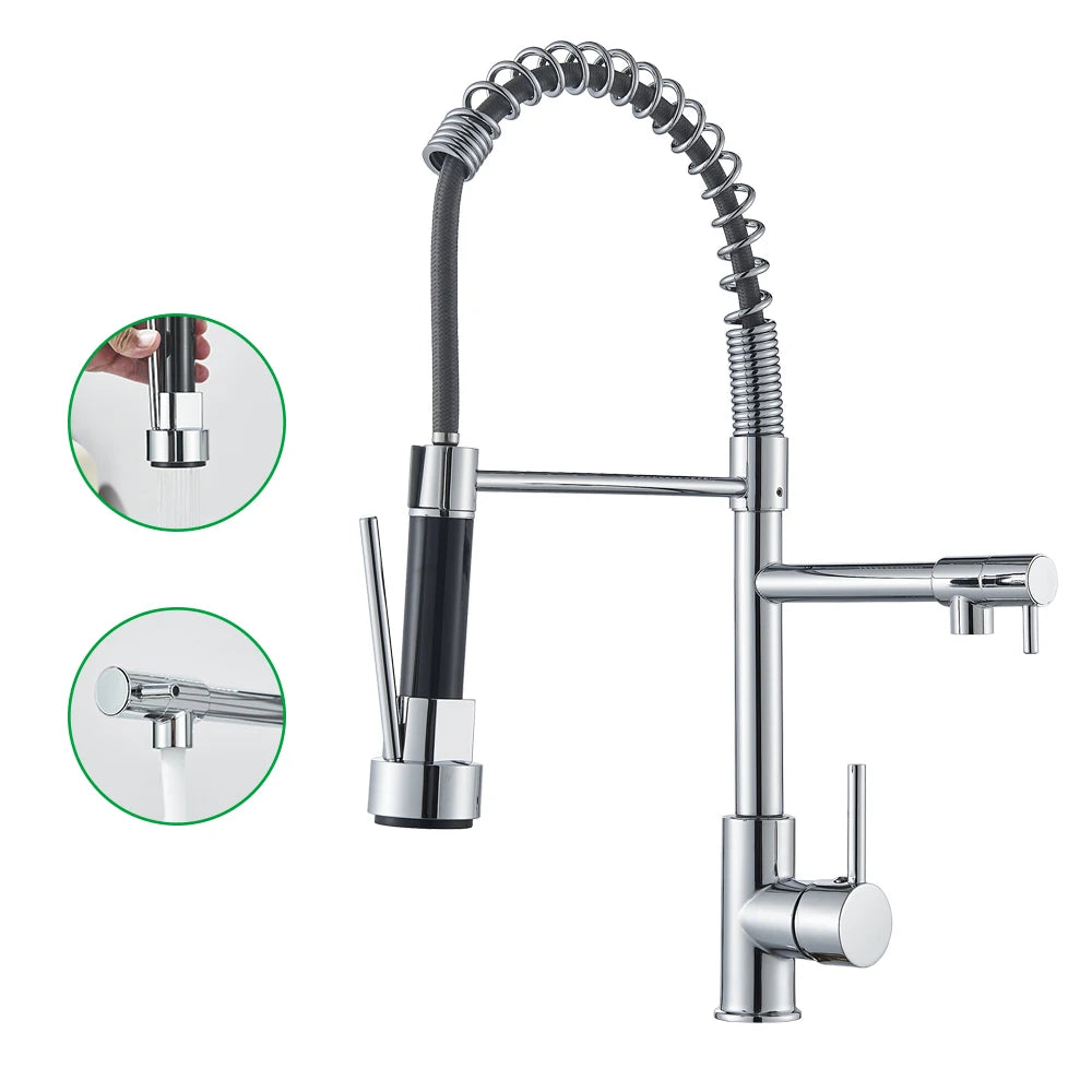 Torneira de cozinha cromada pull down, pia de cozinha, guindaste, bico giratório duplo, torneira misturadora de água quente e fria, instalação de deck