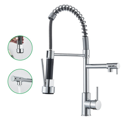 Torneira de cozinha cromada pull down, pia de cozinha, guindaste, bico giratório duplo, torneira misturadora de água quente e fria, instalação de deck
