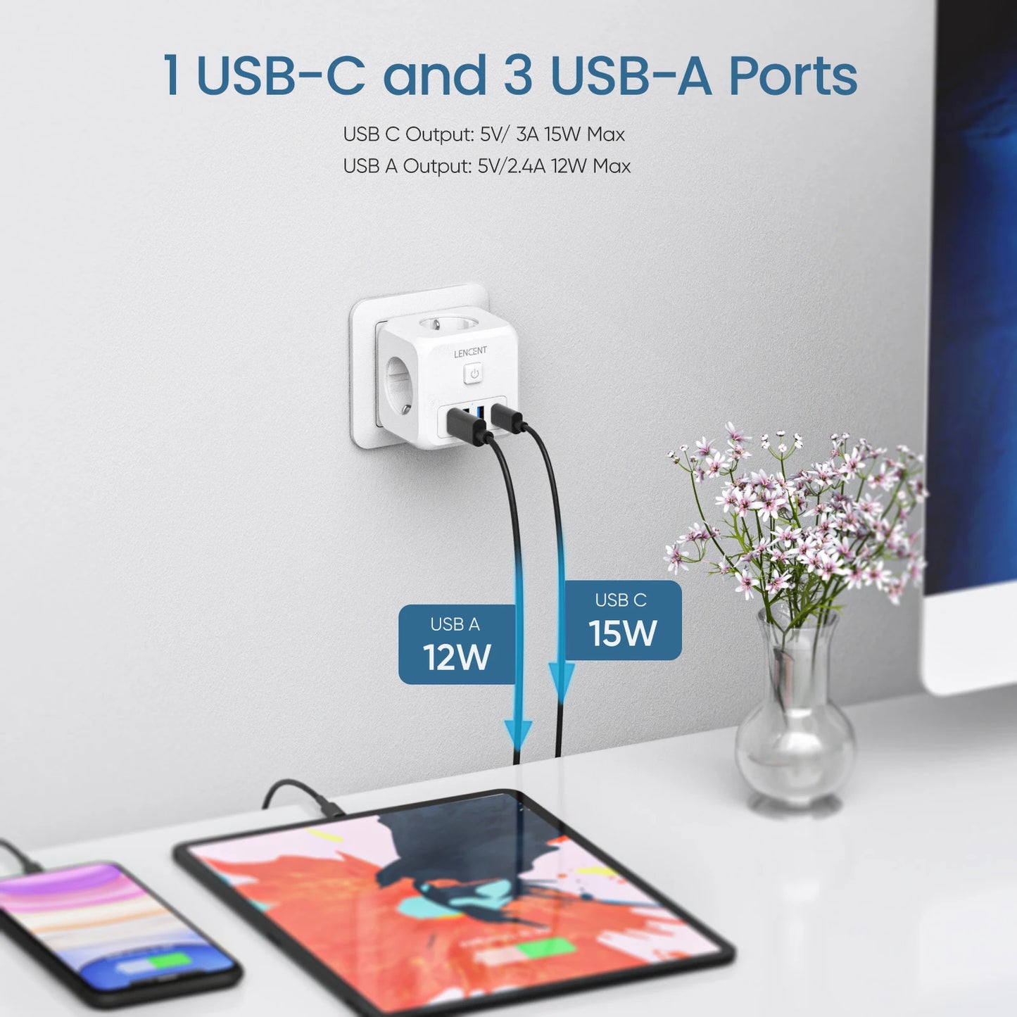 LENCENT Extensor de Tomada de Parede com 3 Tomadas AC 3 Portas USB E 1 Tipo C 7-em 1 EU Plug Charger On/Off Switch para Casa