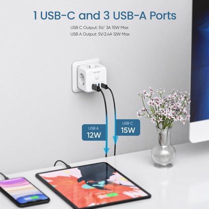 LENCENT Extensor de Tomada de Parede com 3 Tomadas AC 3 Portas USB E 1 Tipo C 7-em 1 EU Plug Charger On/Off Switch para Casa