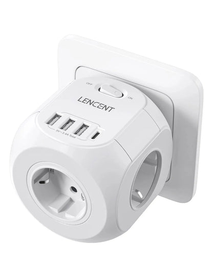 LENCENT Extensor de Tomada de Parede com 3 Tomadas AC 3 Portas USB E 1 Tipo C 7-em 1 EU Plug Charger On/Off Switch para Casa