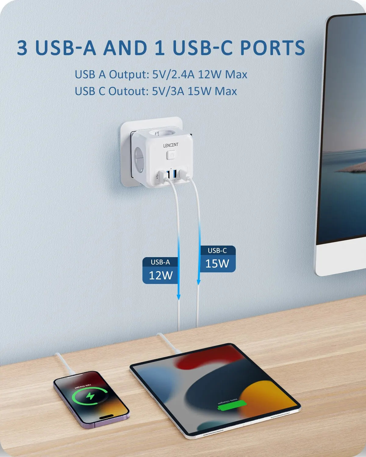 LENCENT Extensor de Tomada de Parede com 3 Tomadas AC 3 Portas USB E 1 Tipo C 7-em 1 EU Plug Charger On/Off Switch para Casa