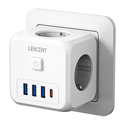LENCENT Extensor de Tomada de Parede com 3 Tomadas AC 3 Portas USB E 1 Tipo C 7-em 1 EU Plug Charger On/Off Switch para Casa