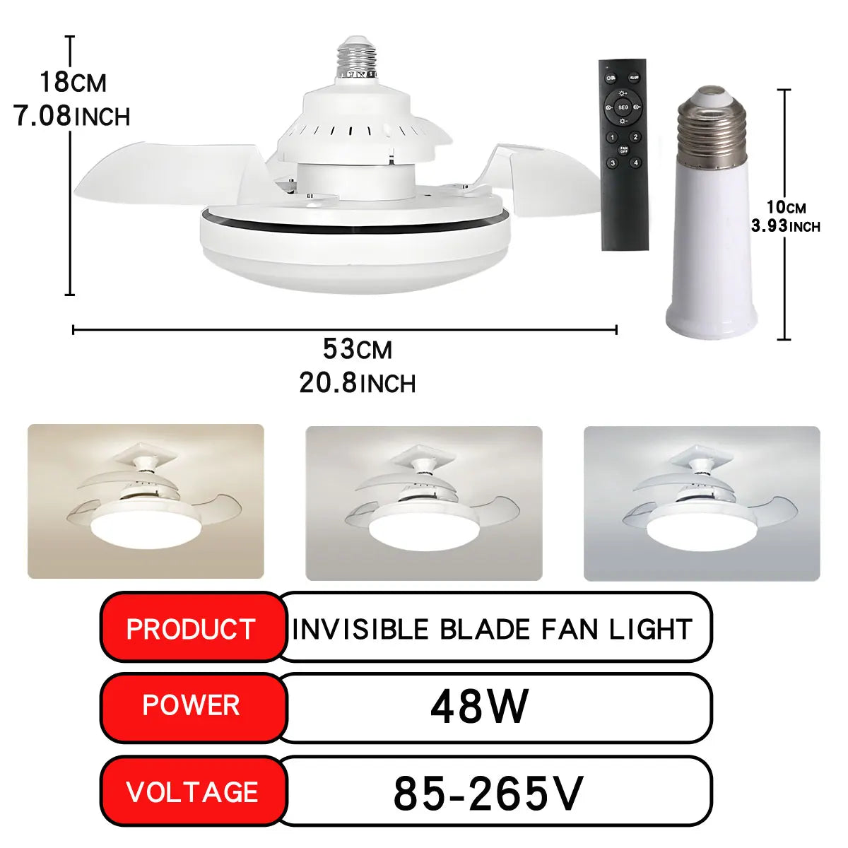 Ventilador de teto LED 30W E27 com controle remoto para escurecimento, adequado para sala de estar, estudo, uso doméstico, 110-265V