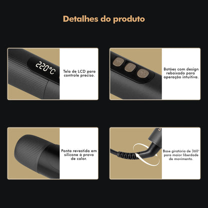 Modelador de Cabelo 32mm com Display LCD, Preto e Dourado, 5 Temperaturas (140°C-220°C), Revestimento Cerâmico, Bivolt 110-220V