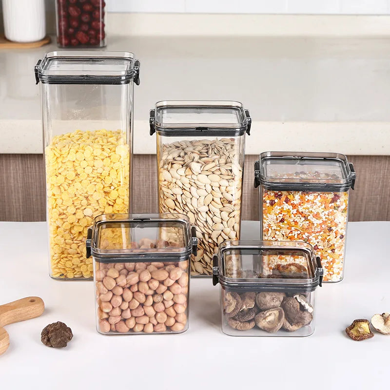 Frasco de armazenamento de alimentos selado transparente Organizador de cozinha de plástico Tanque Multigrain Frascos selados secos empilháveis Conjunto de 5pcs