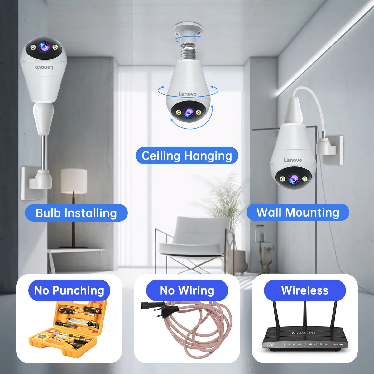 Lenovo 3mp e27 lâmpada ip wifi câmera de vigilância de vídeo interna cor noite ai rastreamento casa inteligente monitor do bebê câmera cctv