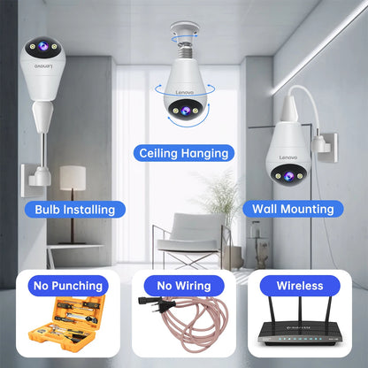 Lenovo 3mp e27 lâmpada ip wifi câmera de vigilância de vídeo interna cor noite ai rastreamento casa inteligente monitor do bebê câmera cctv